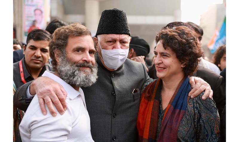 Congress leader Rahul Gandhi with National Conference leader Farooq Abdullah and Congress leader Priyanka Gandhi Vadra during the second leg of Bharat Jodo Yatra in New Delhi on Tuesday. (UNI) Congress leader Rahul Gandhi with National Conference leader Farooq Abdullah and Congress leader Priyanka Gandhi Vadra during the second leg of Bharat Jodo Yatra in New Delhi on Tuesday. (UNI)