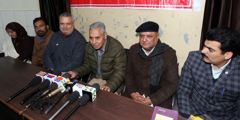 Leaders of trade unions during a press briefing after a seminar at Press Club, Jammu. —Excelsior/Rakesh