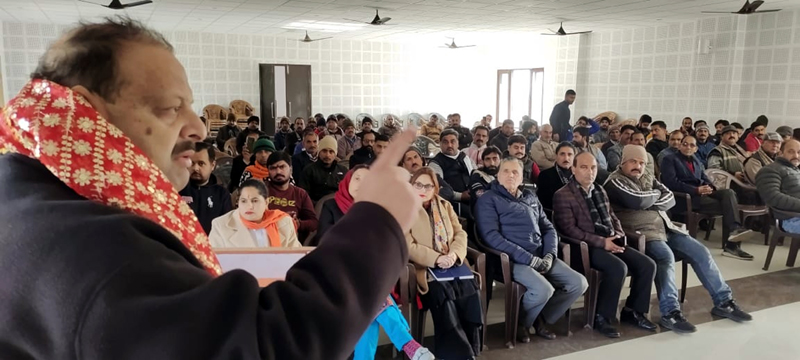 Senior BJP leader Devender Singh Rana addressing party workers meeting in Samba constituency. Senior BJP leader Devender Singh Rana addressing party workers meeting in Samba constituency.