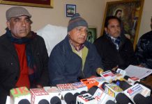 Members of All J&K Guru Ravi Dass Sabha during a press conference at Jammu.