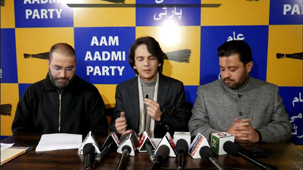 Senior AAP leaders during a press conference in Srinagar on Saturday. Senior AAP leaders during a press conference in Srinagar on Saturday.