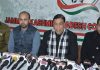 JKPCC chief spokesperson, Ravinder Sharma flanked by others addressing press conference in Jammu. —Excelsior/Rakesh