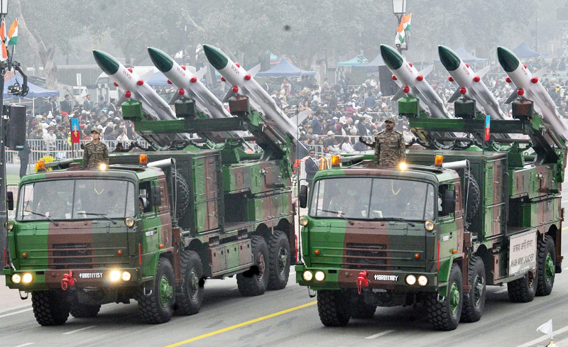 Akash Missile system rolling down at Kartavya Path during the 74th Republic Day Parade, in New Delhi on Thursday. (UNI) Akash Missile system rolling down at Kartavya Path during the 74th Republic Day Parade, in New Delhi on Thursday. (UNI)