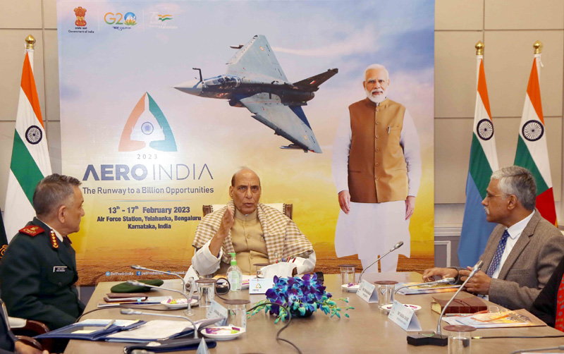 Union Minister for Defence, Rajnath Singh chairs the apex committee meeting of Aero India 2023, in New Delhi on Tuesday.