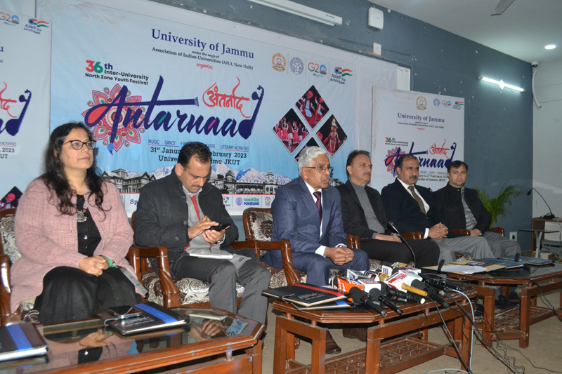 VC JU Prof Umesh Rai flanked by other officers of the University addressing media persons during curtain raiser ceremony of 'Antarnaad-2023'. VC JU Prof Umesh Rai flanked by other officers of the University addressing media persons during curtain raiser ceremony of 'Antarnaad-2023'.