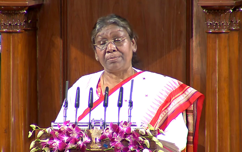 President Droupadi Murmu addressing the joint session of Parliament on the first day of the budget session, in New Delhi on Tuesday. (UNI) President Droupadi Murmu addressing the joint session of Parliament on the first day of the budget session, in New Delhi on Tuesday. (UNI)