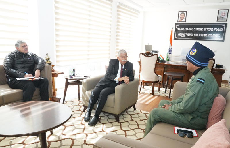 LG Ladakh, Brig (Retd) BD Mishra interacting with several high-ranking officials at Raj Niwas in Leh on Friday. LG Ladakh, Brig (Retd) BD Mishra interacting with several high-ranking officials at Raj Niwas in Leh on Friday.