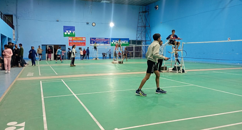 A player in action during a game at Badminton Hall in MA Stadium, Jammu. A player in action during a game at Badminton Hall in MA Stadium, Jammu.