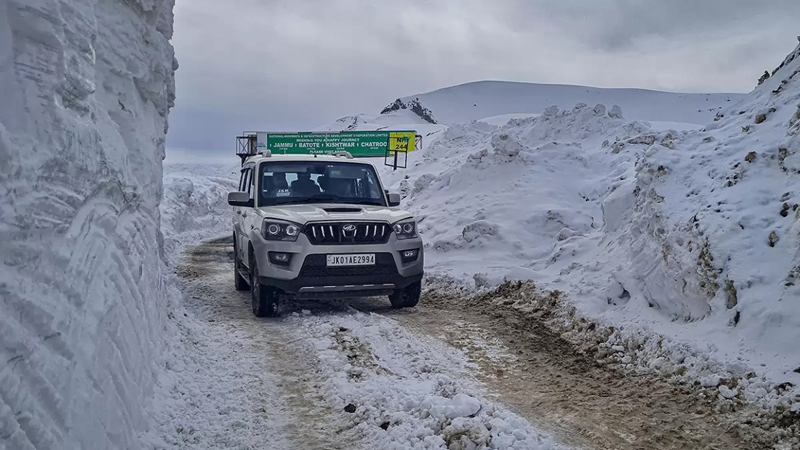 A vehicle plying on Sinthan Top road which has been opened for traffic for the first time in the month of February. A vehicle plying on Sinthan Top road which has been opened for traffic for the first time in the month of February.