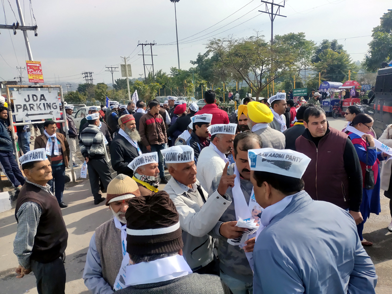 AAP leaders during a protest in Jammu on Thursday. AAP leaders during a protest in Jammu on Thursday.