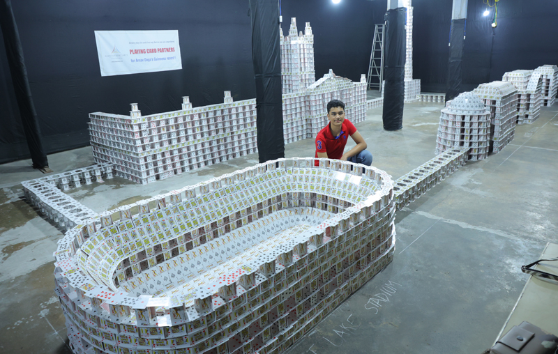 Arnav Daga posing with card stacking structures at Kolkata. Arnav Daga posing with card stacking structures at Kolkata.