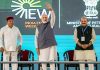 Prime Minister Narendra Modi with Karnataka Governor TC Gehlot and Chief Minister Basavaraj Bommai at the India Energy Week in Bengaluru.