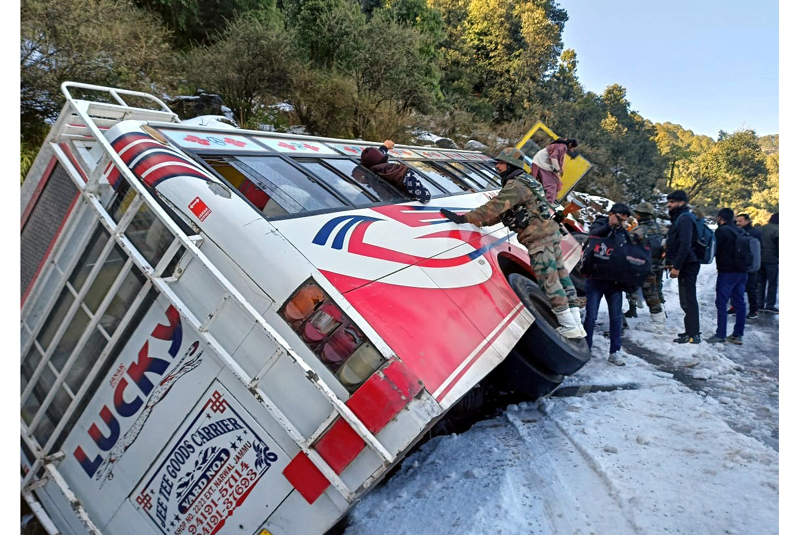 A bus which met with an accident on Rajouri-Poonch highway near Tota Gali of Mendhar on Tuesday. —Excelsior/ Rahi Kapoor. A bus which met with an accident on Rajouri-Poonch highway near Tota Gali of Mendhar on Tuesday. —Excelsior/ Rahi Kapoor.