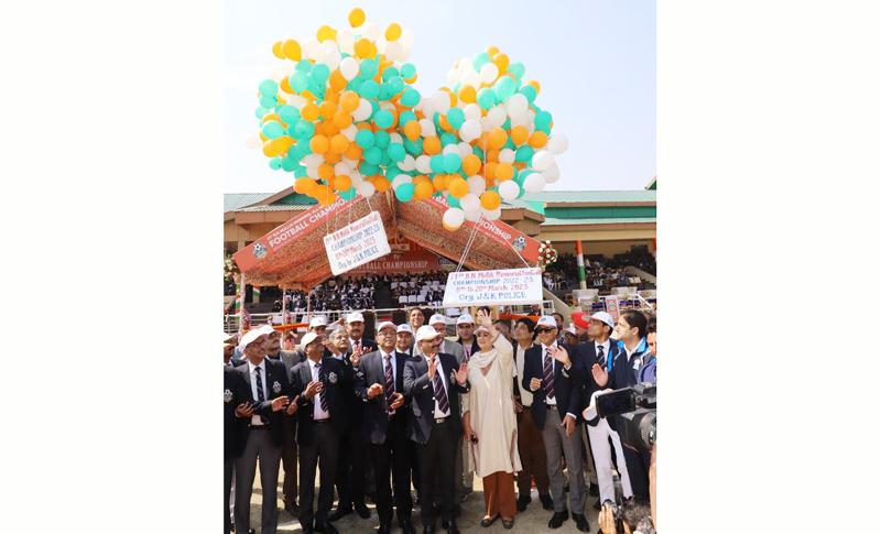 DGP Dilbag Singh, IB Director Tapan Kumar Deka and others releasing balloons during the inaugural ceremony of BN Mullik Memorial Football Championship at Bakshi Stadium Srinagar on Sunday. DGP Dilbag Singh, IB Director Tapan Kumar Deka and others releasing balloons during the inaugural ceremony of BN Mullik Memorial Football Championship at Bakshi Stadium Srinagar on Sunday.