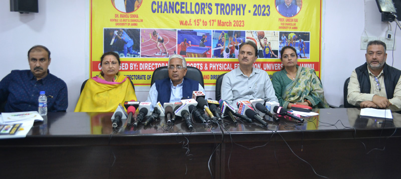 Vice Chancellor Prof. Umesh Rai along with other Faculty members addressing media persons during the curtain raiser ceremony at University of Jammu on Tuesday. Vice Chancellor Prof. Umesh Rai along with other Faculty members addressing media persons during the curtain raiser ceremony at University of Jammu on Tuesday.