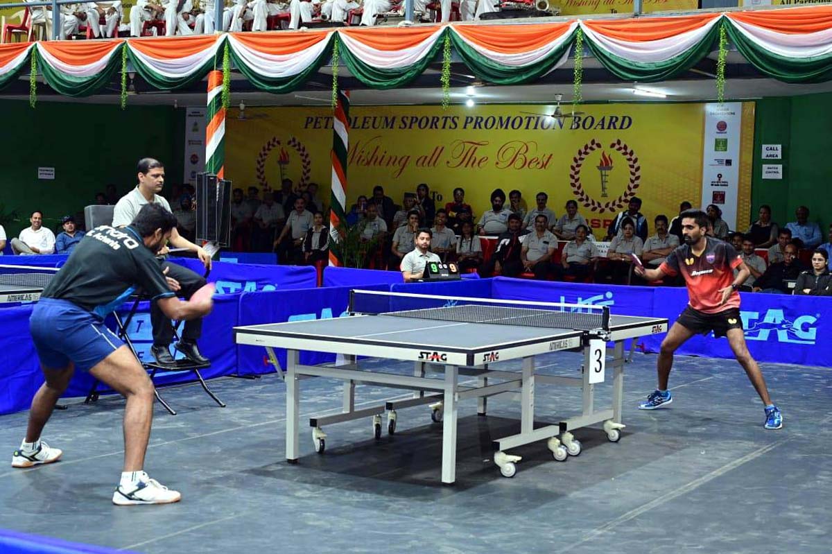 Players in action during Table Tennis tournament at University of Jammu on Wednesday.