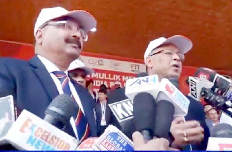 IB chief Tapan Kumar Deka and DGP Dilbag Singh speaking to media persons in Srinagar on Sunday. -Excelsior/Shakeel IB chief Tapan Kumar Deka and DGP Dilbag Singh speaking to media persons in Srinagar on Sunday. -Excelsior/Shakeel