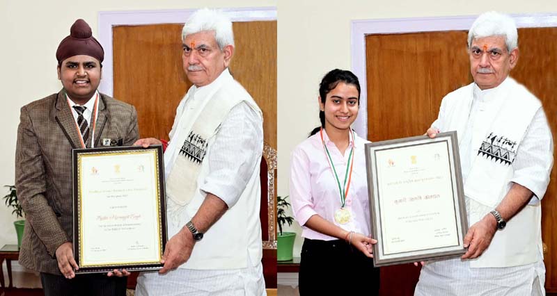 LG Manoj Sinha honouring awardees of Pradhan Mantri Rashtriya Bal Puraskar at Raj Bhavan in Jammu. LG Manoj Sinha honouring awardees of Pradhan Mantri Rashtriya Bal Puraskar at Raj Bhavan in Jammu.