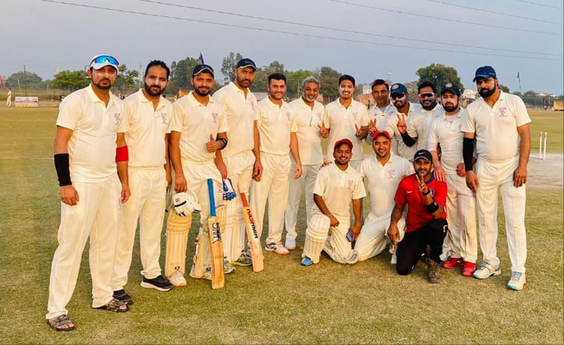 Jubilant J&K Civil Services team posing for a group photograph after registering win over Punjab on Wednesday.