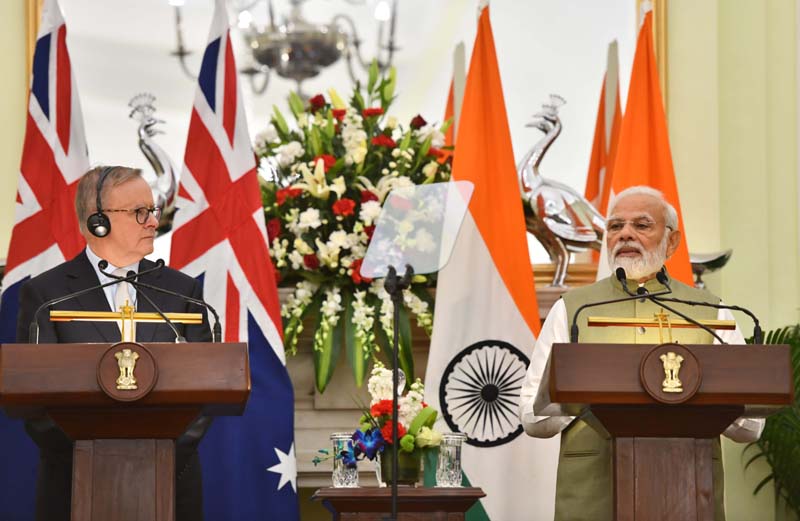 Prime Minister Narendra Modi and Prime Minister of Australia Anthony Albanese during their joint press statement after a meeting at the Hyderabad House in New Delhi on Friday. (UNI) Prime Minister Narendra Modi and Prime Minister of Australia Anthony Albanese during their joint press statement after a meeting at the Hyderabad House in New Delhi on Friday. (UNI)