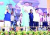Union Home minister Amit Shah at a party meeting at Dibrughar in Assam on Tuesday. (UNI)