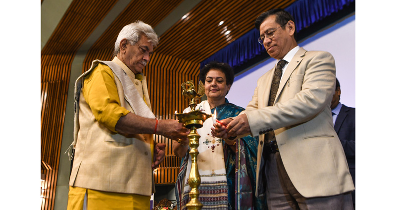 LG Manoj Sinha, CJ N Kotiswar Singh and NCW chief Rekha Sharma at a function in Srinagar on Thursday. —Excelsior/Shakeel LG Manoj Sinha, CJ N Kotiswar Singh and NCW chief Rekha Sharma at a function in Srinagar on Thursday. —Excelsior/Shakeel