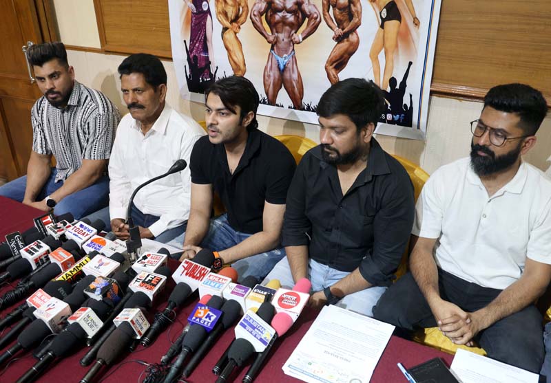 Chief Patron Body Building Association Sahil Aggarwal and others addressing media at Press Club Jammu on Saturday. -Excelsior/Rakesh
