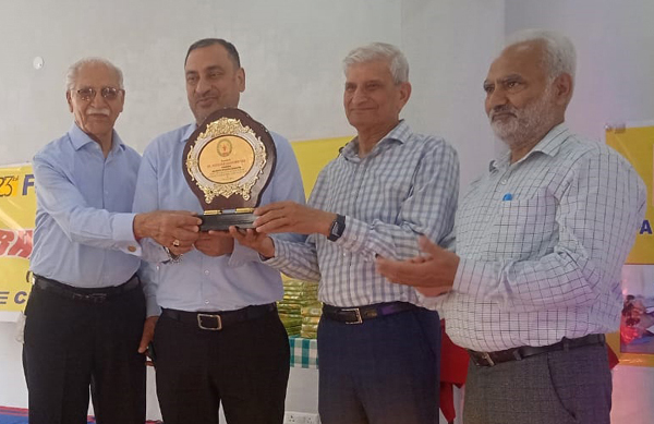 JKBOSE Chairman Dr Parikshat Singh Manhas being awarded with memento by Balgran management at Channi Rama in Jammu on Wednesday. JKBOSE Chairman Dr Parikshat Singh Manhas being awarded with memento by Balgran management at Channi Rama in Jammu on Wednesday.