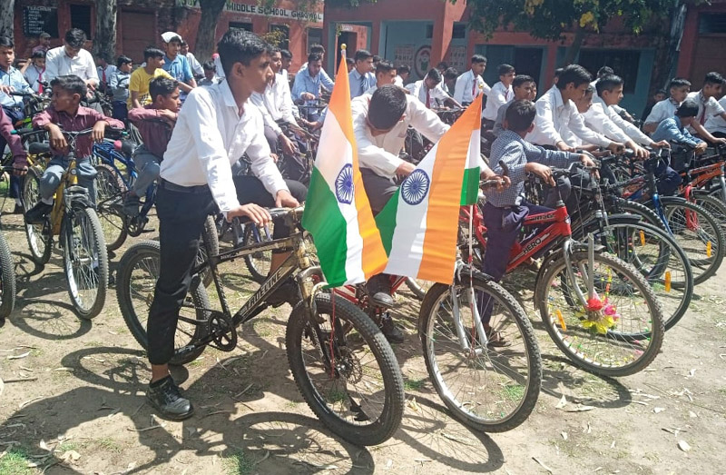 Students during the cycle rally at Ghagwal in Samba on Thursday. Students during the cycle rally at Ghagwal in Samba on Thursday.