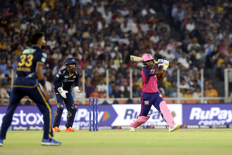 Sanju Samson lifting a shot during his knock of 60 runs against Gujarat Titans at Ahmedabad on Sunday. Sanju Samson lifting a shot during his knock of 60 runs against Gujarat Titans at Ahmedabad on Sunday.