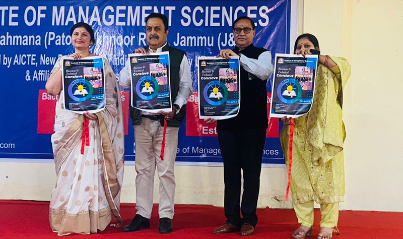 Posters being displayed by dignitaries during business and technical conclave at IMS Jammu on Friday.