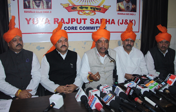Yuva Rajput Sabha members addressing media persons in Jammu on Monday. -Excelsior/Rakesh Yuva Rajput Sabha members addressing media persons in Jammu on Monday. -Excelsior/Rakesh