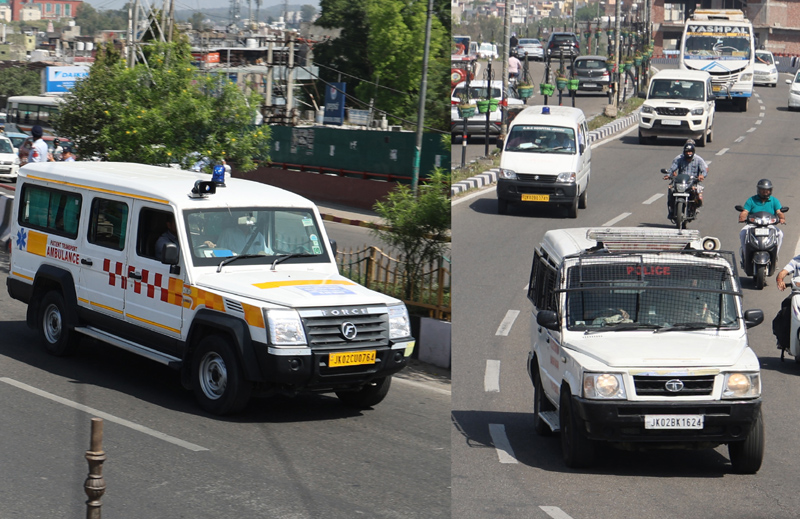 An ambulance and police vehicles on way to Airport from GMC Jammu as mock drill for creating Green Corridor to facilitate human organ transportation held in Jammu. —Excelsior/Rakesh An ambulance and police vehicles on way to Airport from GMC Jammu as mock drill for creating Green Corridor to facilitate human organ transportation held in Jammu. —Excelsior/Rakesh