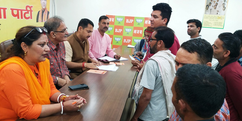 Senior BJP leaders including former DyCM, Kavinder Gupta and party spokesman, R S Pathania listening public grievances at party office Trikuta Nagar on Tuesday Senior BJP leaders including former DyCM, Kavinder Gupta and party spokesman, R S Pathania listening public grievances at party office Trikuta Nagar on Tuesday
