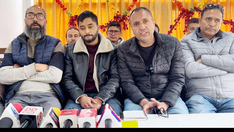 Representatives of tour, travellers and transporters at a press conference at Kargil on Saturday. - Excelsior /Basharat Ladakhi