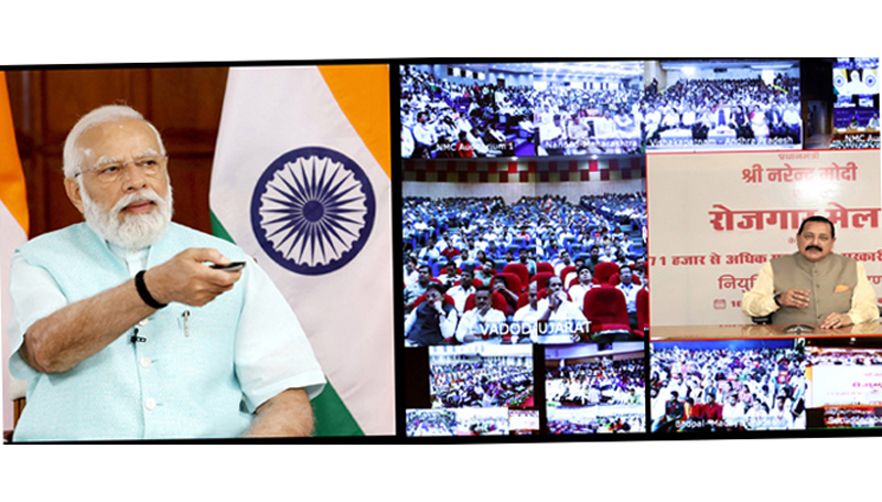 Prime Minister Narendra Modi inaugurating Rozgar Mela (left) and Union Minister Dr Jitendra Singh addressing it (right). Prime Minister Narendra Modi inaugurating Rozgar Mela (left) and Union Minister Dr Jitendra Singh addressing it (right).