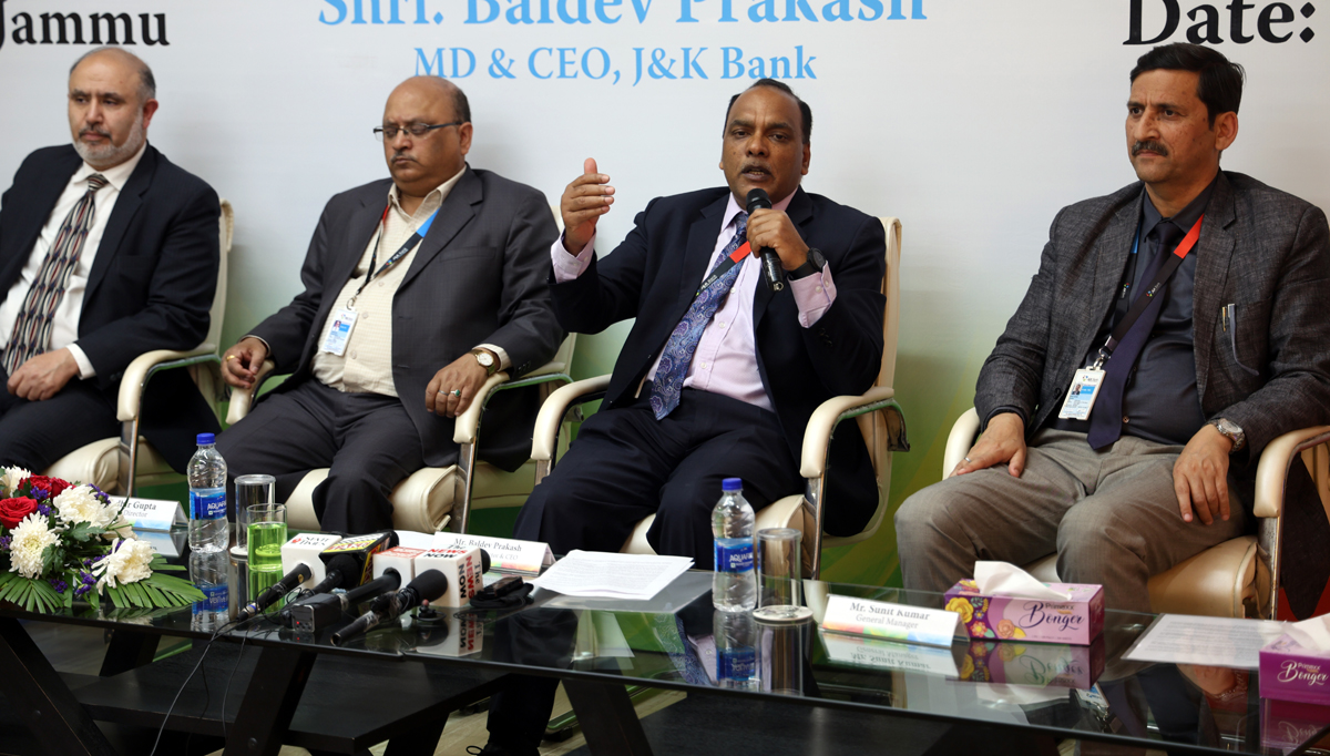J&K Bank MD & CEO Baldev Prakash talking to media persons at Jammu on Sunday. -Excelsior/Rakesh J&K Bank MD & CEO Baldev Prakash talking to media persons at Jammu on Sunday. -Excelsior/Rakesh