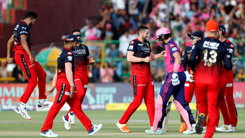 RCB’s Mohammed Siraj celebrating after taking a wicket during a match against Rajasthan Royals at Jaipur on Sunday. RCB’s Mohammed Siraj celebrating after taking a wicket during a match against Rajasthan Royals at Jaipur on Sunday.