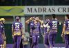 KKR players celebrating victory against CSK at Chennai on Sunday.