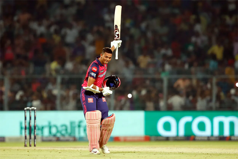 RR’s Yashasvi Jaiswal celebrating his fastest fifty in IPL against KKR on Thursday. RR’s Yashasvi Jaiswal celebrating his fastest fifty in IPL against KKR on Thursday.