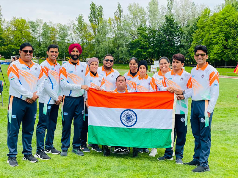 Para-Archers of SMVD Sports Complex posing with Tricolour after winning medals at Para Archery World Ranking Tournament. Para-Archers of SMVD Sports Complex posing with Tricolour after winning medals at Para Archery World Ranking Tournament.