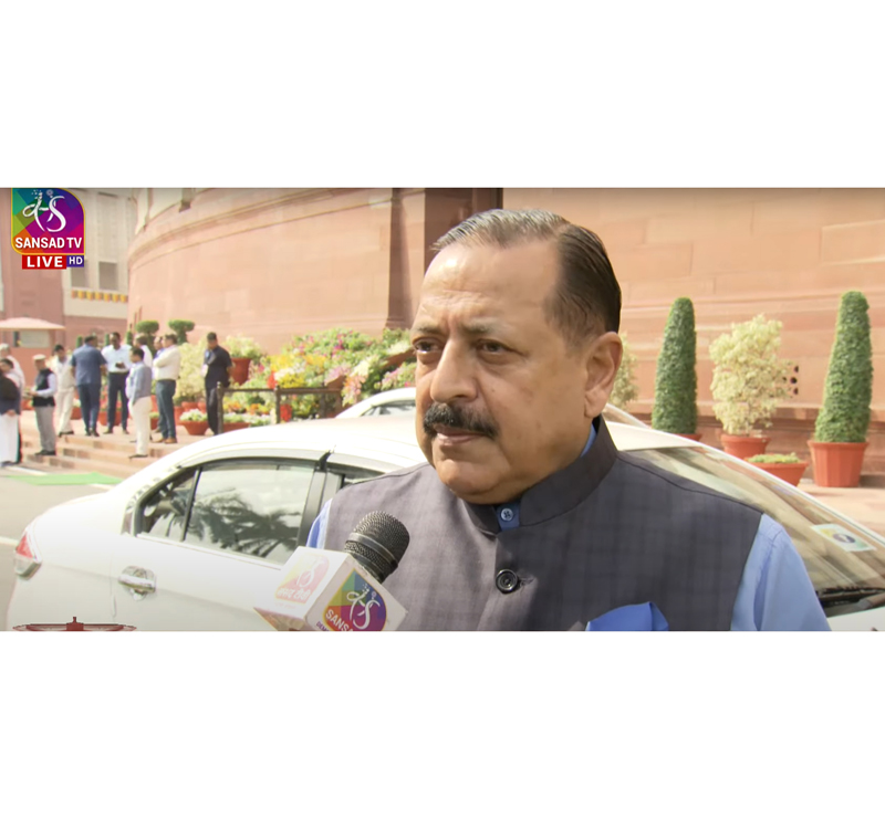 Union Minister Dr Jitendra Singh speaking to the media outside the new Parliament building at New Delhi on Sunday. Union Minister Dr Jitendra Singh speaking to the media outside the new Parliament building at New Delhi on Sunday.