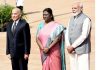President Droupadi Murmu, Prime Minister Narendra Modi attends the Ceremonial Reception of the King of Cambodia, Norodom Sihamoni at Rashtrapati Bhavan, in New Delhi on Tuesday. (UNI)