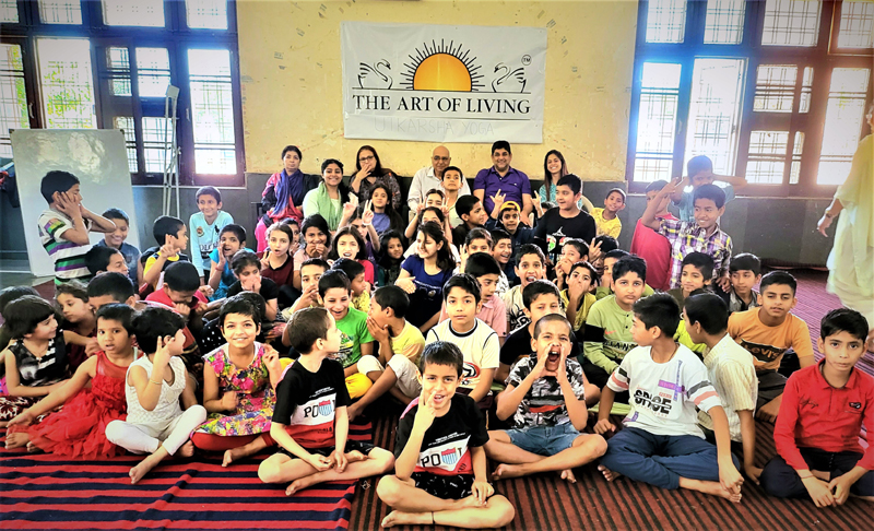 Children at a workshop by Art of Living in Jammu.