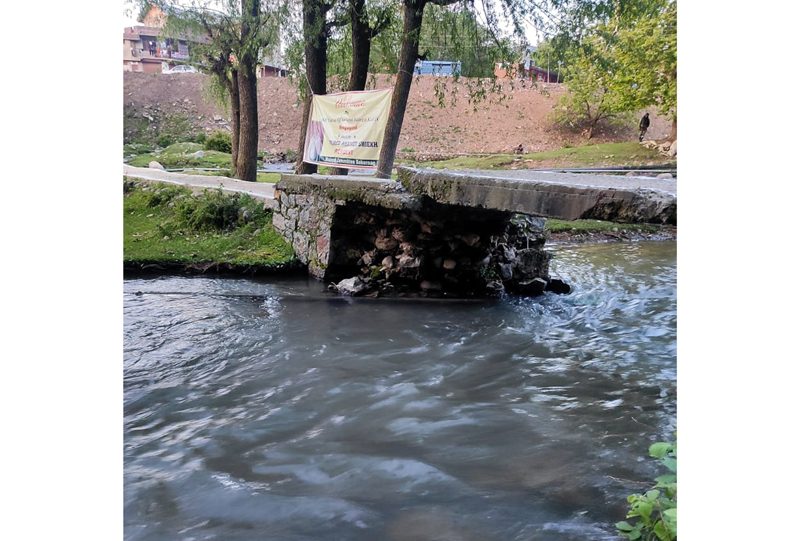 The culvert on Kokernag nallah leading to Smadhi of Swami Mirzakak Ji at Hangulgund in dilapidated condition.
