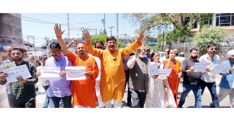 Shiv Sainiks taking out protest march at Jammu on Friday.