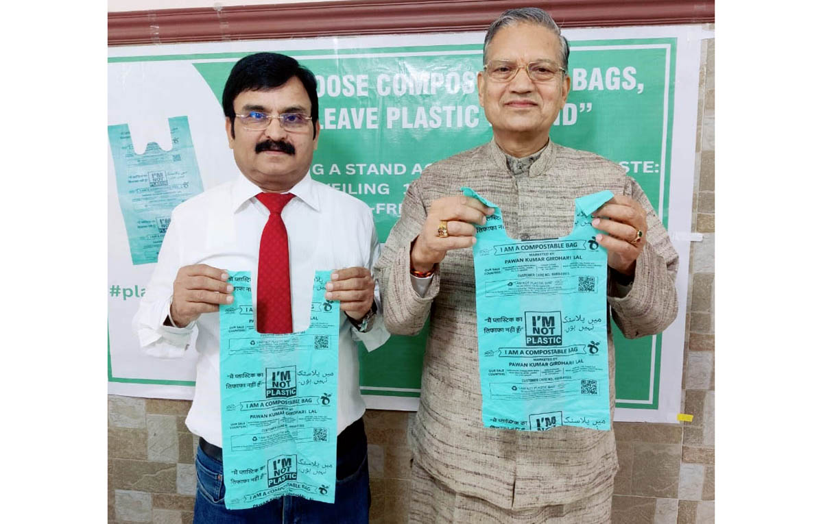Pawan Kumar Shastri, MD Swastik Group of Industries and Hotels and Vinod Manchanda, Chairman Bhartiya Compostable Products Industry Association launching compostable bags. Pawan Kumar Shastri, MD Swastik Group of Industries and Hotels and Vinod Manchanda, Chairman Bhartiya Compostable Products Industry Association launching compostable bags.