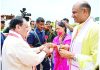 BJP National President JP Nadda being welcomed by Rajasthan BJP President CP Joshi and former Rajasthan chief minister Vasundhara Raje upon his arrival in Bharatpur.