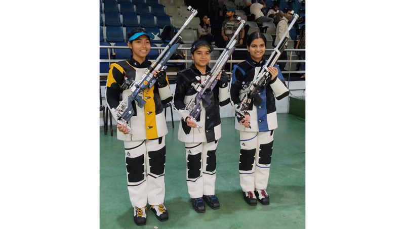 Shooter, Aneesha Sharma poses with other competitors during selection trials at Delhi. Shooter, Aneesha Sharma poses with other competitors during selection trials at Delhi.