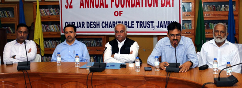 Trustees of Gurjar Desh Charitable Trust briefing during celebrations of 32nd foundation day in Jammu. Trustees of Gurjar Desh Charitable Trust briefing during celebrations of 32nd foundation day in Jammu.